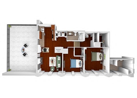 Main 3 Downtown floor plan B1 Landmark  - 2 bed 2 bath - 3D